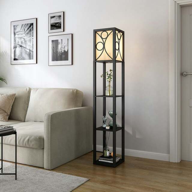 Rackhams Modern Floor Lamp with 3 Wood Shelves - Black - image 1