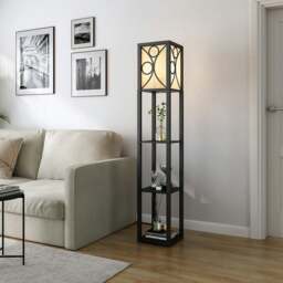 Rackhams Modern Floor Lamp with 3 Wood Shelves - Black