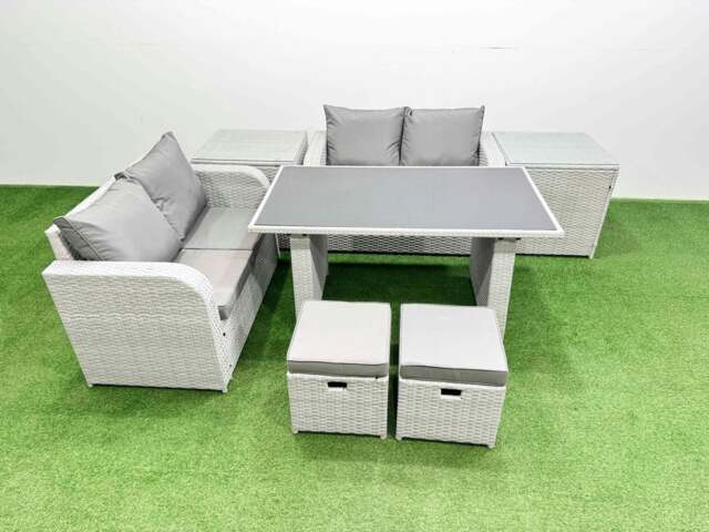 Rackhams 7 Pieces Outdoor PE Rattan Sofa Set Patio Garden Furniture Sets with Cushions 2 Side Tables 2 Small Stools Light Grey - image 1