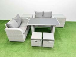 Rackhams 7 Pieces Outdoor PE Rattan Sofa Set Patio Garden Furniture Sets with Cushions 2 Side Tables 2 Small Stools Light Grey