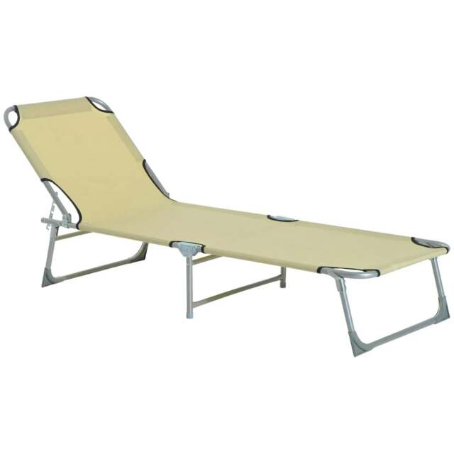 Rackhams Reclining Sun Lounger Chair Folding Camping Bed with 4-Position Adjustable Backrest, for Travel Indoor Outdoor Office Fishing, Beige - image 1