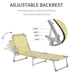 Rackhams Reclining Sun Lounger Chair Folding Camping Bed with 4-Position Adjustable Backrest, for Travel Indoor Outdoor Office Fishing, Beige - thumbnail 4