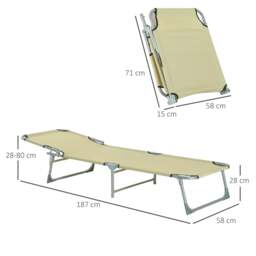 Rackhams Reclining Sun Lounger Chair Folding Camping Bed with 4-Position Adjustable Backrest, for Travel Indoor Outdoor Office Fishing, Beige - thumbnail 3