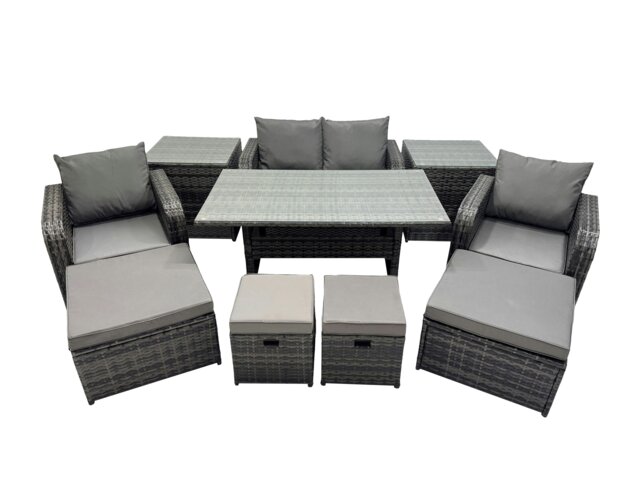 Rackhams 8 Seat Outdoor Wicker PE Rattan Garden Furniture Set Dining Table Sofa Sets with 4 Stools 2 Side Table Dark Grey Mixed - image 1