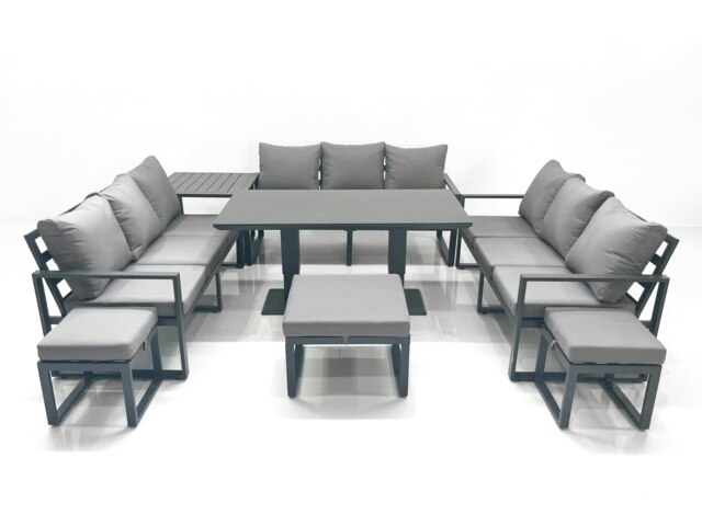 Rackhams 12 Seater Garden Sofa Set Aluminium Furniture Rising Dining Tabe Set with Side Table 3 Footstools Dark Grey - image 1