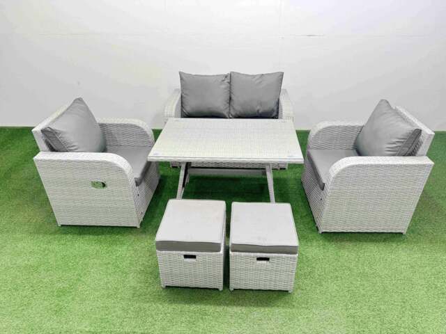 Rackhams Light Grey PE Wicker Rattan Garden Furniture Set Sofa Set Reclining Chair Love Sofa Rectangular Dining Table 2 Small Stools - image 1