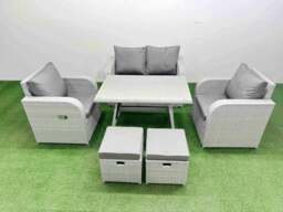 Rackhams Light Grey PE Wicker Rattan Garden Furniture Set Sofa Set Reclining Chair Love Sofa Rectangular Dining Table 2 Small Stools - thumbnail 1