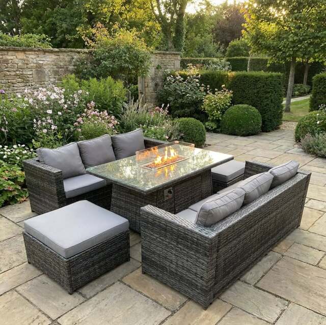 Rackhams 8 Seater Rattan Outdoor Gas Fire Pit Dining Set with 2 Sofas & 2 Large Footstools - Dark Grey - image 1