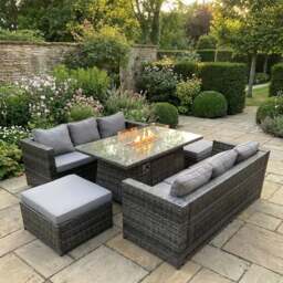 Rackhams 8 Seater Rattan Outdoor Gas Fire Pit Dining Set with 2 Sofas & 2 Large Footstools - Dark Grey - thumbnail 1