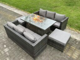 Rackhams 8 Seater Rattan Outdoor Gas Fire Pit Dining Set with 2 Sofas & 2 Large Footstools - Dark Grey - thumbnail 3