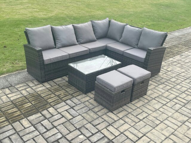 Rackhams Wicker PE Outdoor Garden Furniture Set High Back Rattan Corner Sofa Set with Rectangular Coffee Table 2 Small Footstools - image 1