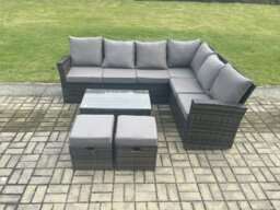 Rackhams Wicker PE Outdoor Garden Furniture Set High Back Rattan Corner Sofa Set with Rectangular Coffee Table 2 Small Footstools - thumbnail 2