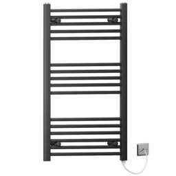 Rackhams 600 x 900mm Black Flat Electric Pre-Filled Heated Towel Rail Radiator For Bathroom Designer Standard Element