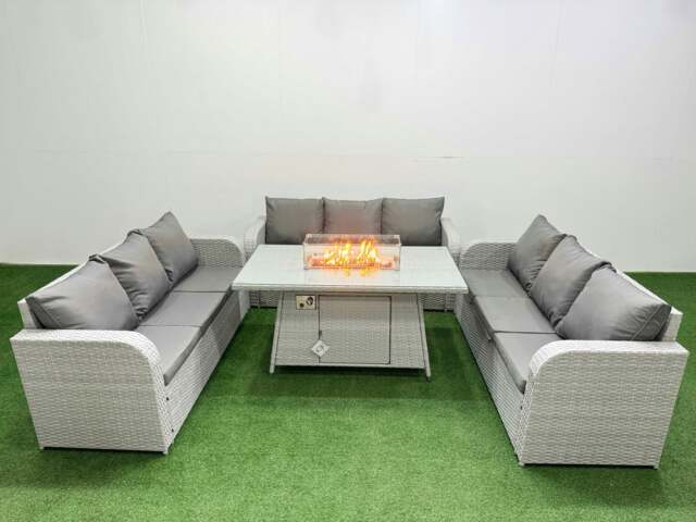 Rackhams PE Rattan Lounge Sofa Set 9 Seater Outdoor Garden Furniture Set with Fire Pit Dining Table 3 Seater Sofa Light Grey - image 1