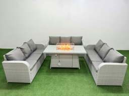 Rackhams PE Rattan Lounge Sofa Set 9 Seater Outdoor Garden Furniture Set with Fire Pit Dining Table 3 Seater Sofa Light Grey - thumbnail 1