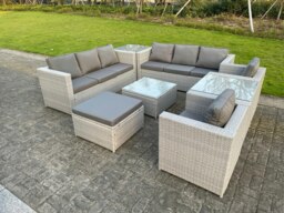 Rackhams Light Grey Outdoor PE Rattan Garden Furniture Set Wicker Sofa Set Square Coffee Table 2 Armchair 2 Side Table 9 Seat - thumbnail 2
