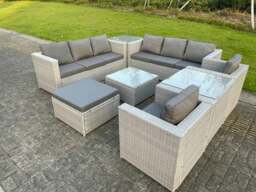 Rackhams Light Grey Outdoor PE Rattan Garden Furniture Set Wicker Sofa Set Square Coffee Table 2 Armchair 2 Side Table 9 Seat - thumbnail 1