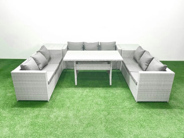 Rackhams Rattan Garden Outdoor Furniture Set 9 Seater Garden Sofa Rectangulr Dining Table Set with 2 Side Tables Light Grey Mixed - image 1