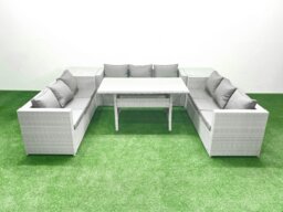 Rackhams Rattan Garden Outdoor Furniture Set 9 Seater Garden Sofa Rectangulr Dining Table Set with 2 Side Tables Light Grey Mixed - thumbnail 1