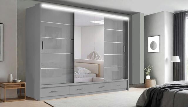 Rackhams Race to Road Stylish Bedroom Sliding Wardrobe with LED Light - Ample Storage Space and Sleek Design comes in White/Grey/Black & Width 205cm/256cm - 256 cm - Grey - image 1