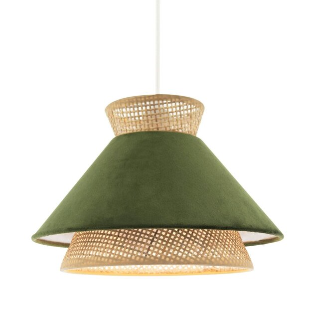 Rackhams Designer Dark Olive Velvet and Natural Rattan Pendant Lighting Shade - image 1