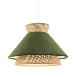 Rackhams Designer Dark Olive Velvet and Natural Rattan Pendant Lighting Shade