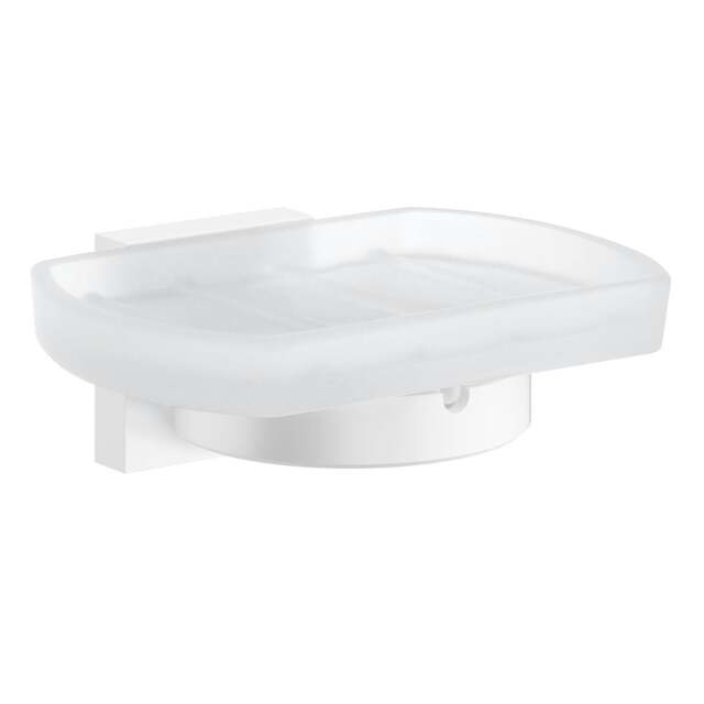 Rackhams Frosted Glass Soap Dish Tray and Matt White Wall Mounted Holder with Concealed Screws for Bath Shower Bathroom - image 1