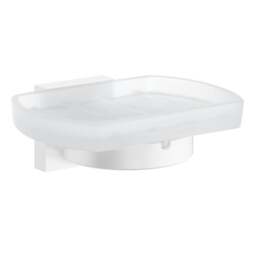 Rackhams Frosted Glass Soap Dish Tray and Matt White Wall Mounted Holder with Concealed Screws for Bath Shower Bathroom - thumbnail 1