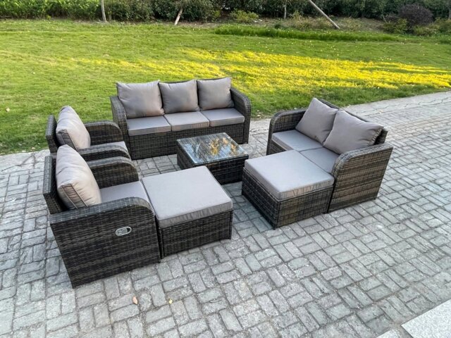 Rackhams 9 Seater Outdoor Rattan Garden Furniture Set Conservatory Patio Sofa Coffee Table With 2 Big Footstool Love Sofa Dark Grey Mixed - image 1