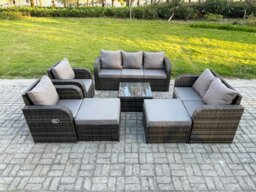 Rackhams 9 Seater Outdoor Rattan Garden Furniture Set Conservatory Patio Sofa Coffee Table With 2 Big Footstool Love Sofa Dark Grey Mixed - thumbnail 2