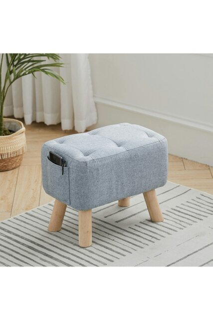 Rackhams Light Blue Linen Fabric Footstool Pouffe Ottoman with Pocket - Light Blue - image 1