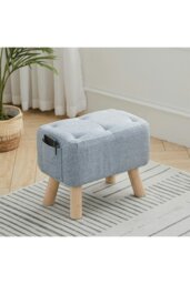 Rackhams Light Blue Linen Fabric Footstool Pouffe Ottoman with Pocket - Light Blue - thumbnail 1