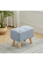 Rackhams Light Blue Linen Fabric Footstool Pouffe Ottoman with Pocket - Light Blue - thumbnail 2