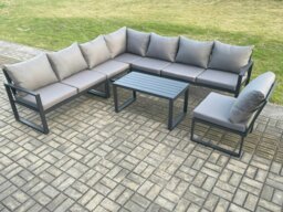 Rackhams Aluminium 8 Seater Patio Outdoor Garden Furniture Lounge Corner Sofa Set with Oblong Coffee Table Dark Grey - thumbnail 1