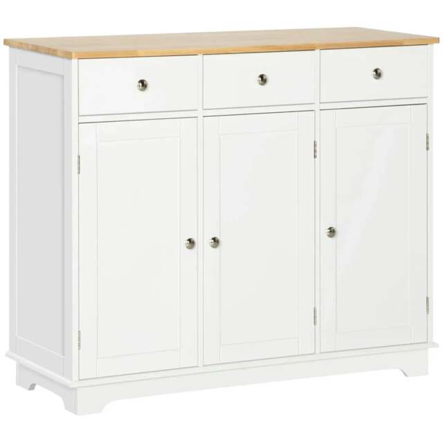 Rackhams Sideboard with Rubber Wood Top, Modern Storage Cabinet, Kitchen Cupboard with 3 Doors, 3 Drawers and 3 Adjustable Shelves, White - image 1
