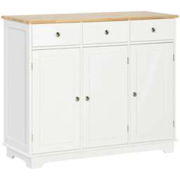Rackhams Sideboard with Rubber Wood Top, Modern Storage Cabinet, Kitchen Cupboard with 3 Doors, 3 Drawers and 3 Adjustable Shelves, White - thumbnail 1