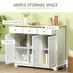 Rackhams Sideboard with Rubber Wood Top, Modern Storage Cabinet, Kitchen Cupboard with 3 Doors, 3 Drawers and 3 Adjustable Shelves, White - thumbnail 4