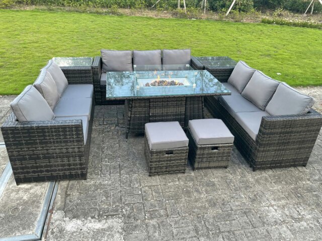 Rackhams Rattan Outdoor Garden Furniture Set with Gas Fire Pit Table, 3 Sofas, 2 Side Tables, 2 Footstools - 11 Seater - Dark Grey - image 1