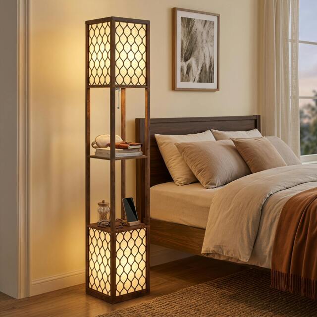 Rackhams Floor Lamp with Shelves and Fabric Lampshades - Rustic Brown - image 1
