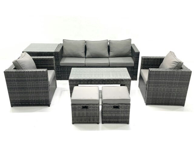 Rackhams Rattan Garden Furniture Set Outdoor Lounger Sofa with Coffee Table 2 Armchair 2 Small Footstools Side Table Dark Grey Mixed - image 1