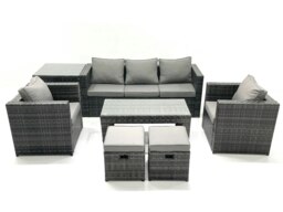 Rackhams Rattan Garden Furniture Set Outdoor Lounger Sofa with Coffee Table 2 Armchair 2 Small Footstools Side Table Dark Grey Mixed - thumbnail 1