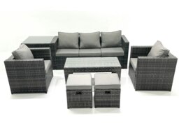 Rackhams Rattan Garden Furniture Set Outdoor Lounger Sofa with Coffee Table 2 Armchair 2 Small Footstools Side Table Dark Grey Mixed - thumbnail 2