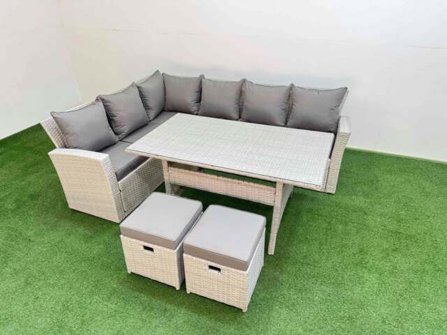 Rackhams 8 Seater Rattan Garden Furniture Set Outdoor Patio Dining Corner Sofa Sets with Dining Table 2 Small Footstools Light Grey Mixed - image 1