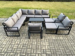 Rackhams Aluminium Outdoor Garden Furniture Set Lounge Corner Sofa 3 Pcs Chair Oblong Coffee Table Sets with 2 Big Footstools Dark Grey - thumbnail 2