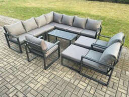 Rackhams Aluminium Outdoor Garden Furniture Set Lounge Corner Sofa 3 Pcs Chair Oblong Coffee Table Sets with 2 Big Footstools Dark Grey - thumbnail 1