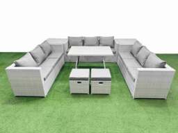 Rackhams 11 Seat Outdoor Patio PE Rattan Garden Furniture with Cushions 3 Seater Sofa 2 Side Tables 2 Small Stools Light Grey - thumbnail 1