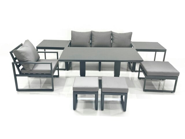 Rackhams 7 Seater Garden Sofa Set Aluminium Furniture Rising Dining Tabe Set with Chair 3 Footstool 2 Side Tables Dark Grey - image 1