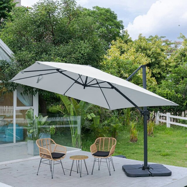 Rackhams 3 x 3M Wide Garden Parasol Outdoor Hanging UV Resistant and Waterproof Umbrella for Patio - Light Grey - Parasol + Cross Base + Petal Water Tank - image 1