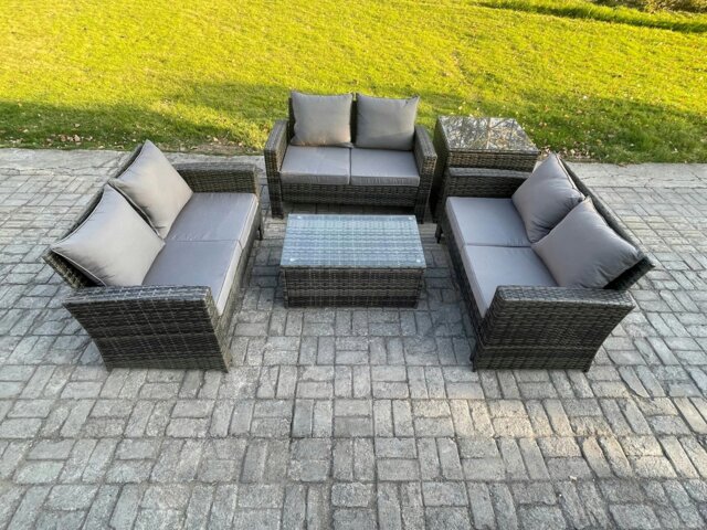 Rackhams Dark Grey 6 Seater Outdoor Rattan Garden Furniture Set Patio Love Sofa Rectangular Coffee Table Set with Side Table - image 1