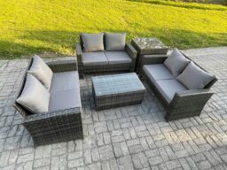 Rackhams Dark Grey 6 Seater Outdoor Rattan Garden Furniture Set Patio Love Sofa Rectangular Coffee Table Set with Side Table - thumbnail 2